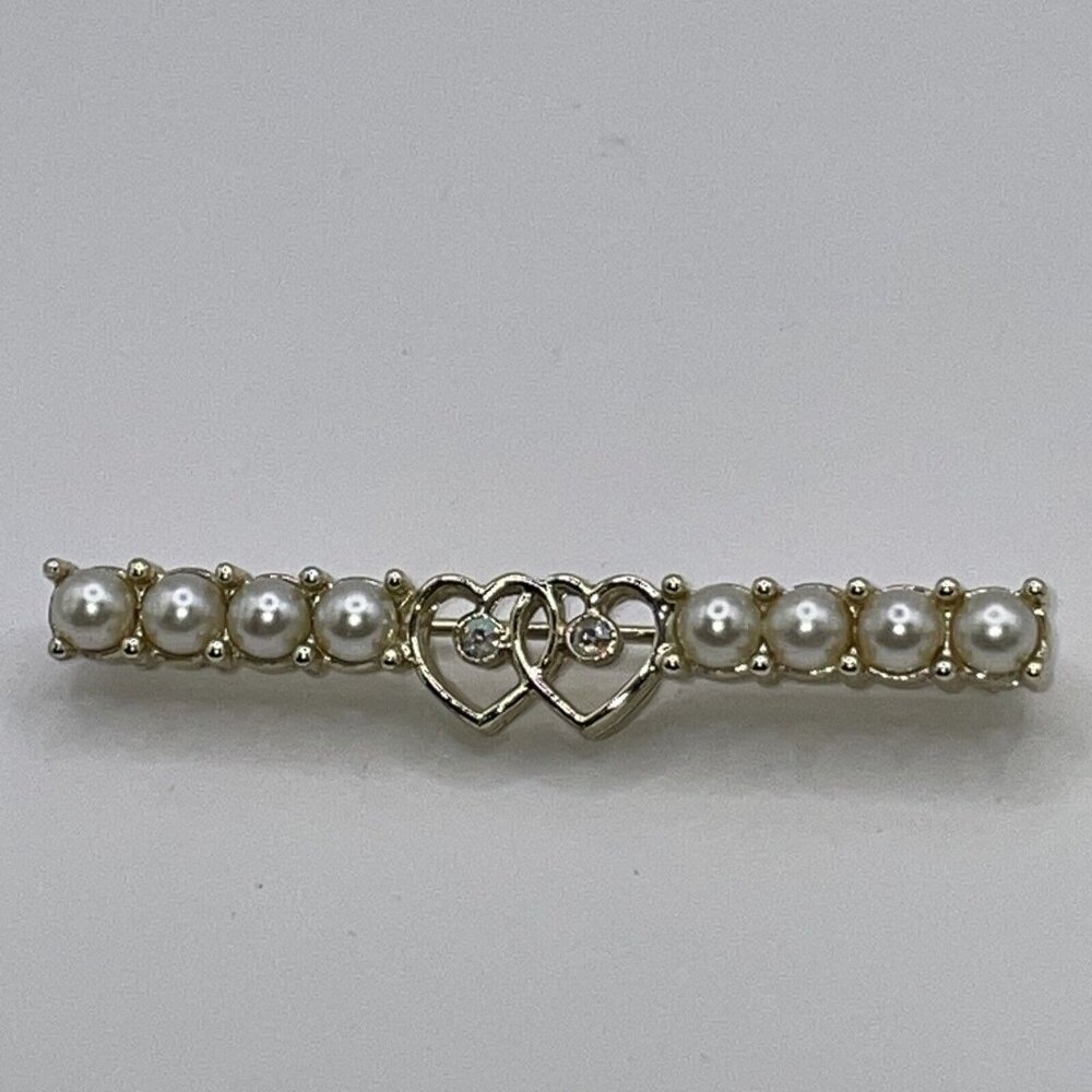 VTG 60s SARAH COVENTRY Bar Brooch Pin Faux Pearl Hearts AB Rhinestones Gold Tone